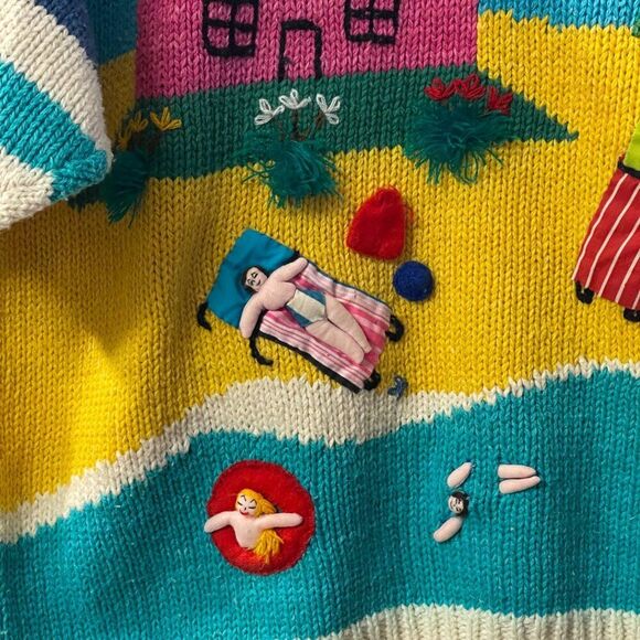 Vintage 80s 3D Hand-Knit Beach Scene Sweater โ Whimsical Summer Coastal Kitsch - Picture 3 of 11